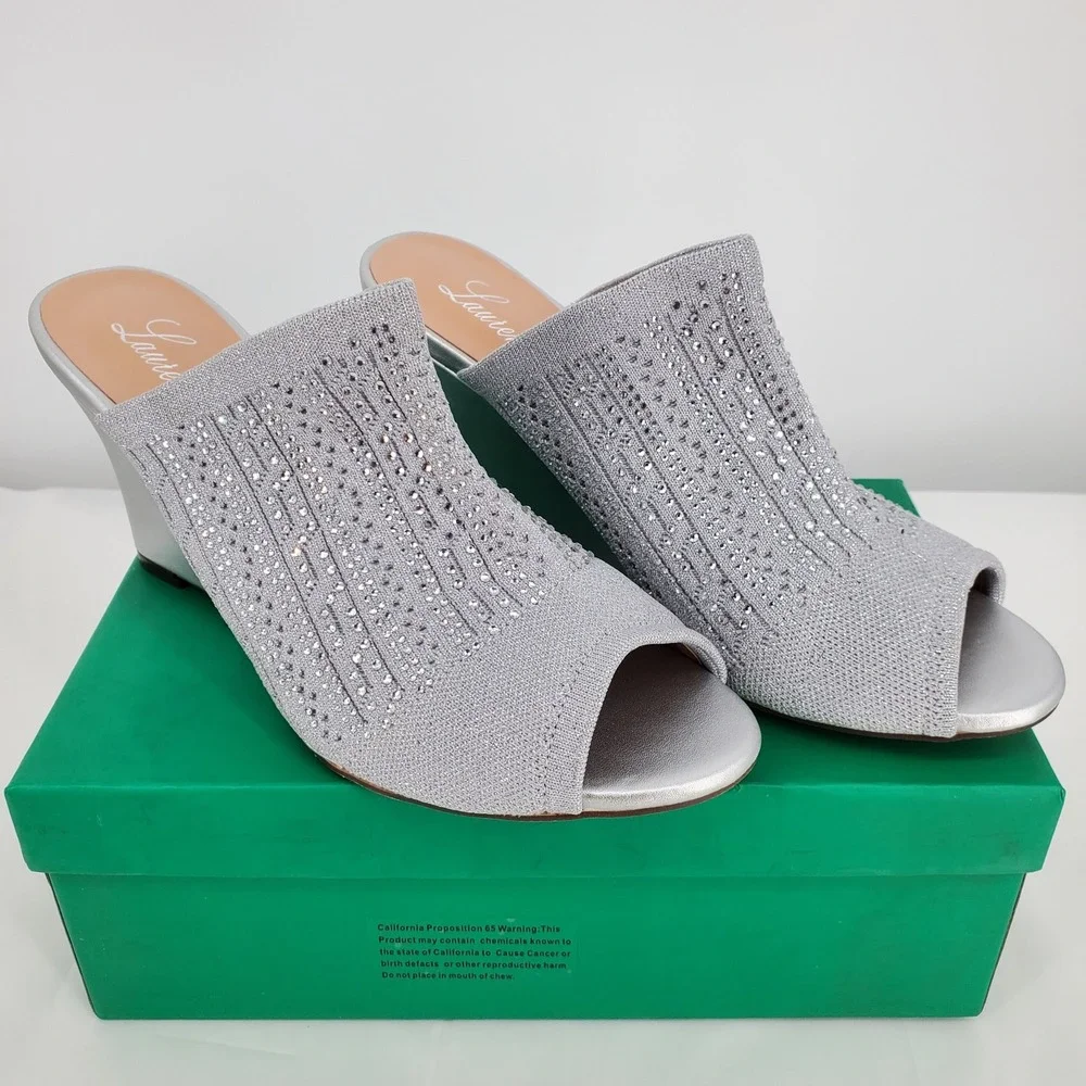 Lauren Lorraine Martha Silver Rhinestone Wedge Mules Peep Toe Sandals Womens 10